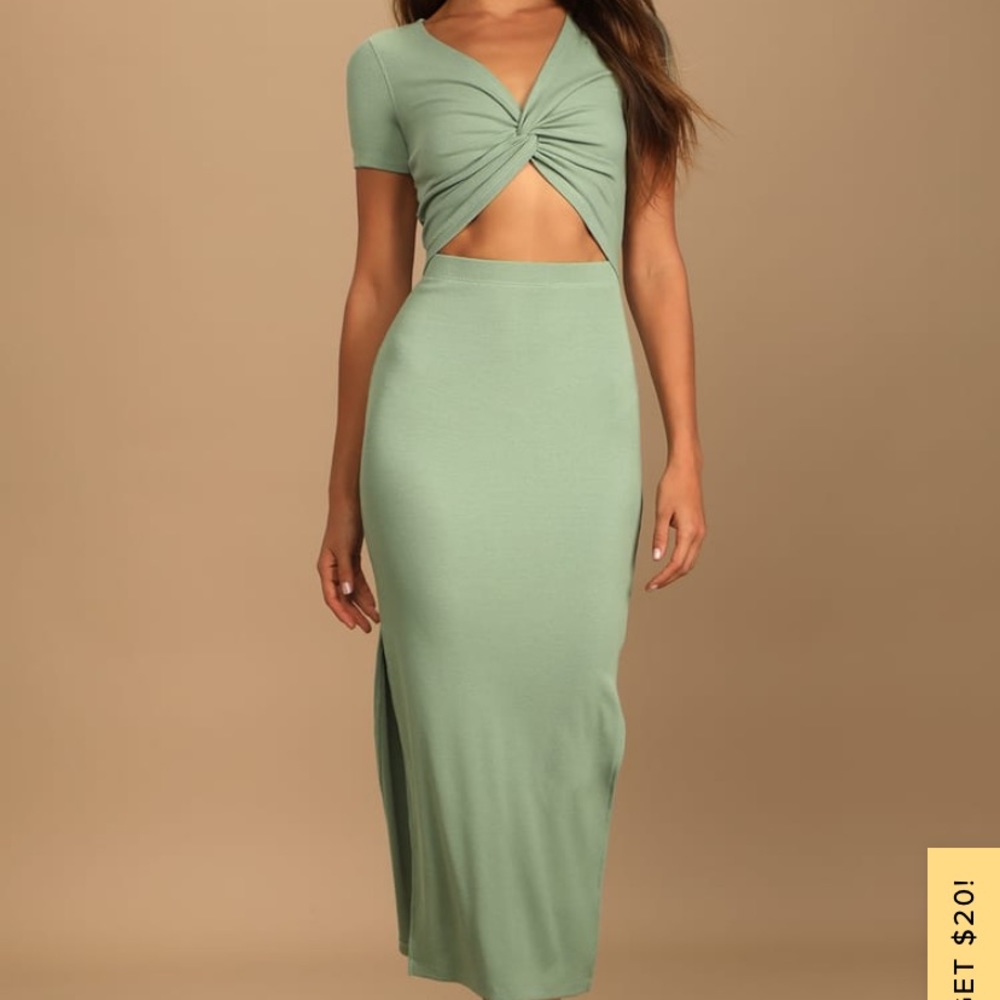 Style Twist Sage Green Twist Front Cutout Midi Dress
